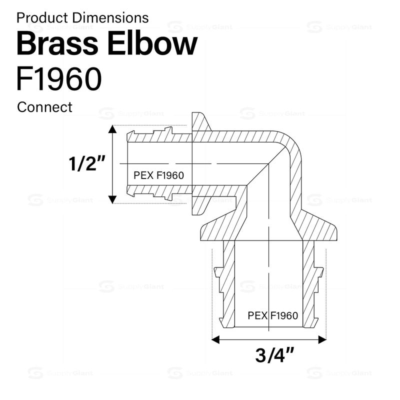 Supply Giant 3/4 Inch x 1/2 Inch 90 Degree Reducing Elbow Pex Fitting, 3/4" x 1/2" Expansion Pex-A Elbow Brass No Lead Brass, For Use in Pex-A-Tubing Connection (Pack of 5) - Image 3
